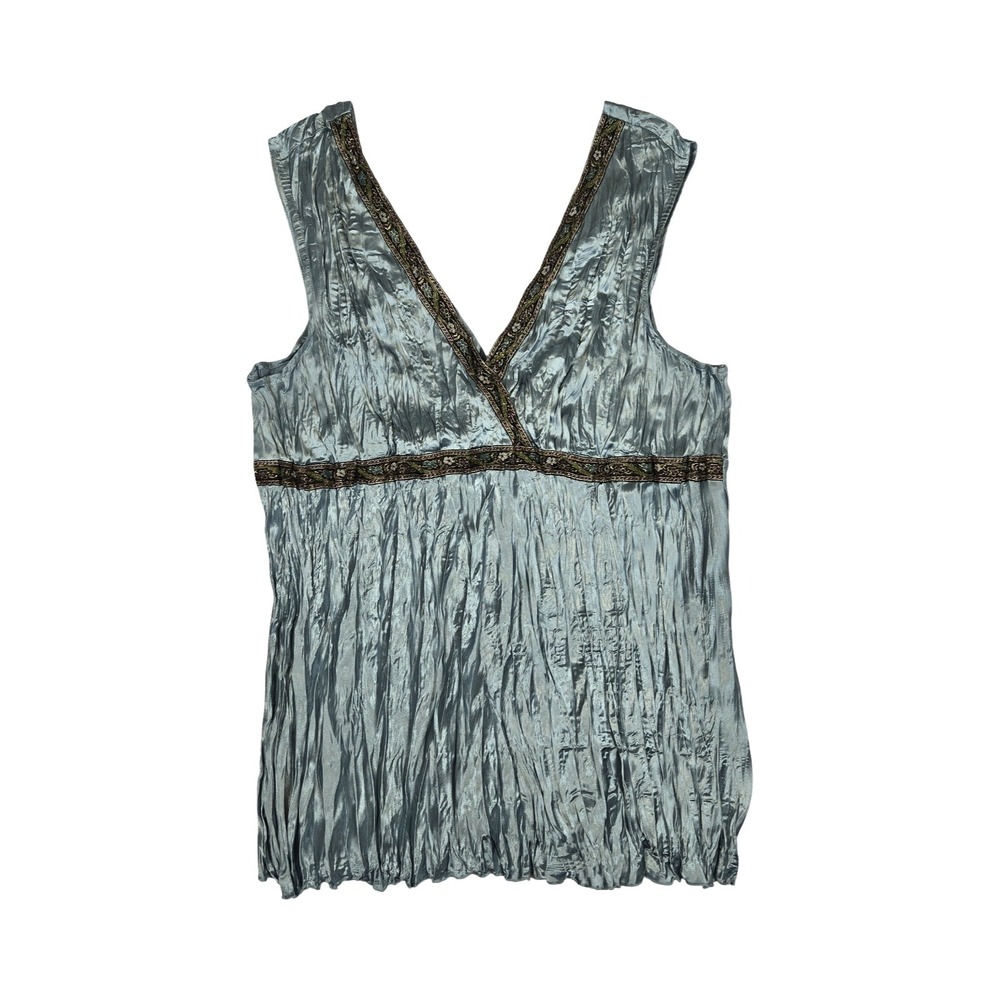 Fairy Boho Blue Metallic Crinkle Tank Top V-Neck Embroidered Trim / CATO XL